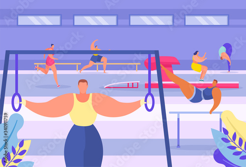 Acrobatic modern gymnastic sport gym, people pull up on crossbar, sporting event, cardiological exercise, flat vector illustration. Male, female running on track, high jump, physical activity workout.