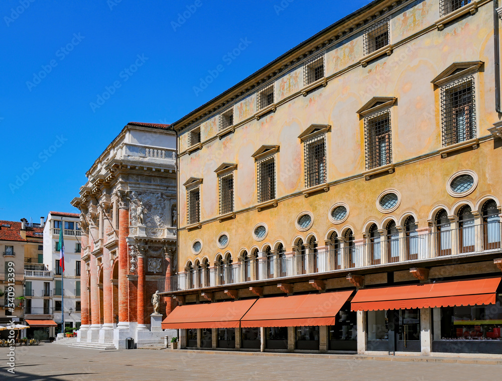 Scenic view of Palazzo del Monte di Pieta with Church of San Vincenzo, Vicenza, Italy