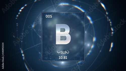 3D illustration of Boron as Element 5 of the Periodic Table. Blue illuminated atom design background orbiting electrons name, atomic weight element number in Arabic language
