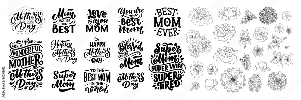Set of Mother's day lettering and outline flowers for gift card. Vintage Typography. Modern calligraphy banner template. Celebration quotes. Handwritten text postcard. Vector