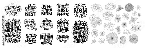 Set of Mother's day lettering and outline flowers for gift card. Vintage Typography. Modern calligraphy banner template. Celebration quotes. Handwritten text postcard. Vector
