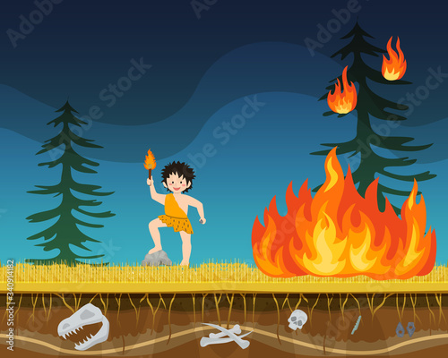 Prehistoric male character extract primitive time fire flat vector illustration. Ancient man person with torch start bushfire, poor handling flame. Forest outdoor park, burning woodland area.
