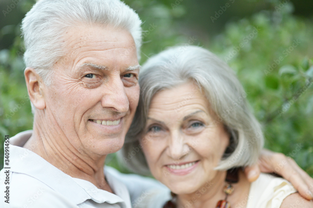 Smiling senior couple embracing in autumn park