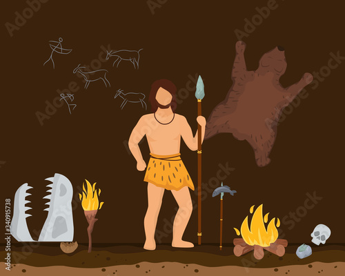 Hunting character male primitive age, wildlife ancient time flat vector illustration. Man stand with prehistoric spear old cave, simplistic wall drawing and skin bear floor bonfire, fish food.
