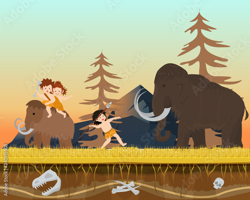 Character male kid hunting wild mammoth prehistoric time man with spear, flat vector illustration. Ancient tribe on hunt, wildlife nature hunter in skin predator, design past ages children.