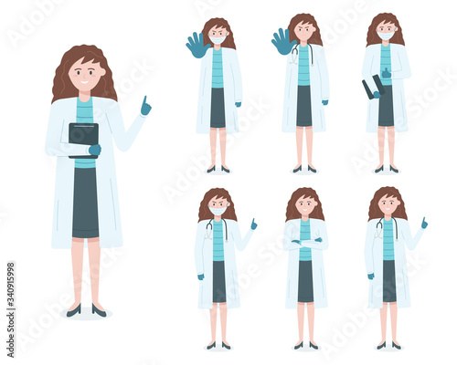 Set of female doctor in various poses. Woman with mask and stethoscope