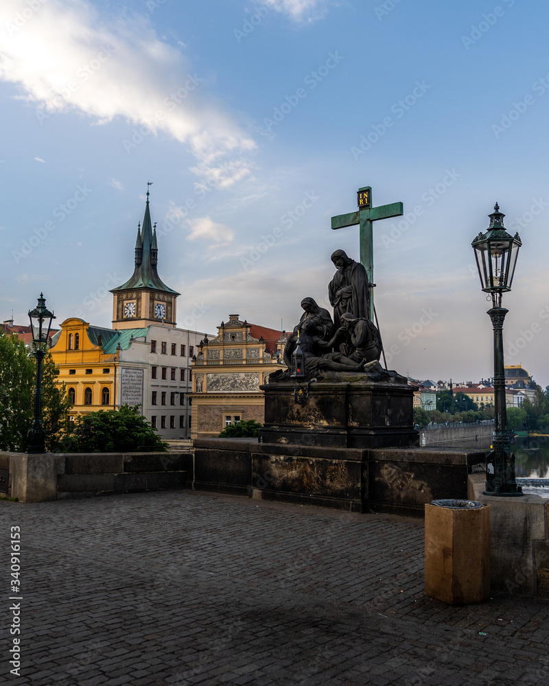 A view of the architecture of Charles Bridge and the surrounding buildings in the Czech city of Prague