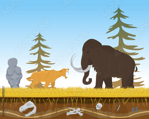 Prehistoric tiger attack ancient mammoth, character animal bite flat vector illustration. Wildlife nature beast predator and herbivorous. Natural forest old times place, vegetarian cattle defense.