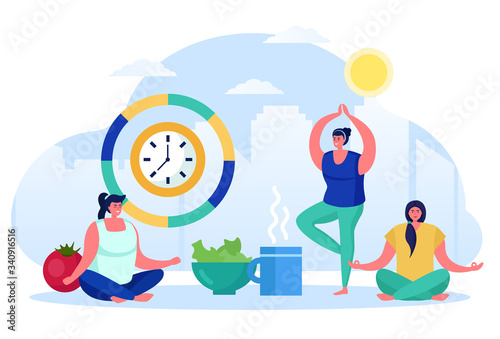 Morning yoga, asian style physical training, female character make physical exercises, isolated on white, flat vector illusration. Vegetarian lifestyle, daytime workout, city background.