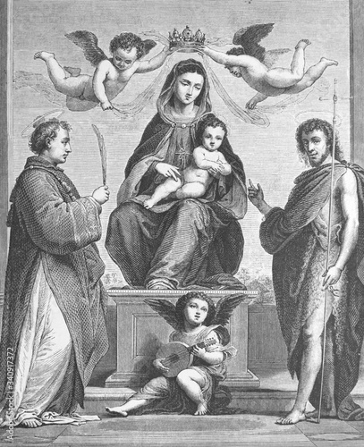 The Coronation of the Virgin by Fra Bartolomeo, an Italian Renaissance painter of religious subjects in the old book Histoire des Peintres, by M. Blanc, 1868, Paris