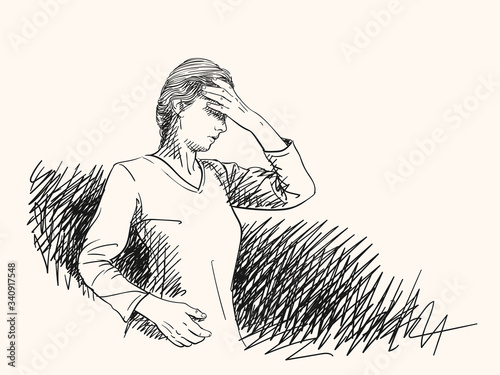 Sketch of young woman has headache holding hand on her head with hatched dark backdrop, Hand drawn vector portrait in profile
