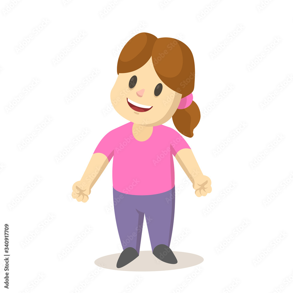 Cute smiling cartoon little girl standing with her arms spread. Cartoon flat vector illustration, isolated on white background.