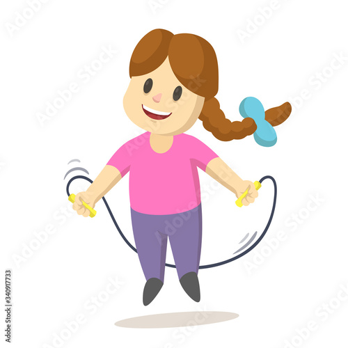 Cute smiling cartoon little girl jumping over a skipping rope. Cartoon flat vector illustration, isolated on white background.