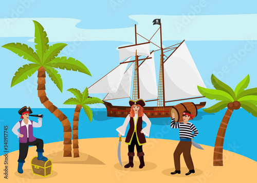 Pirate captain woman and man carries rum character bandit team found treasure chest flat vector illustration. Tropical island palm tree beach and ocean side, raider guard jewel casket.