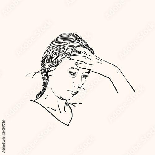 Sketch of young woman has headache holding hand on her head, Hand drawn vector linear illustration