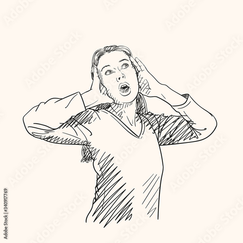 Sketch of surprised young woman looking sideways in excitement, Vector Hand drawn illustration with hatched shades