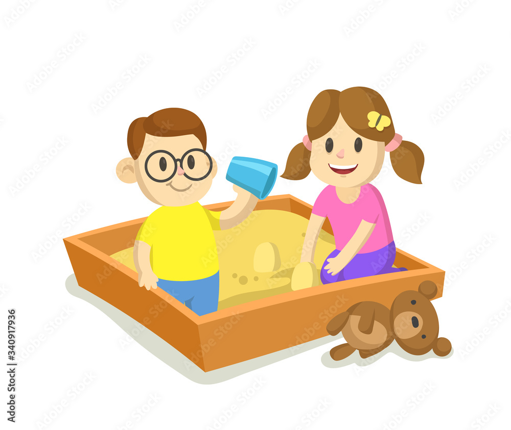 A bot and a girl playing in sandbox. Cartoon flat vector illustration, isolated on white background.