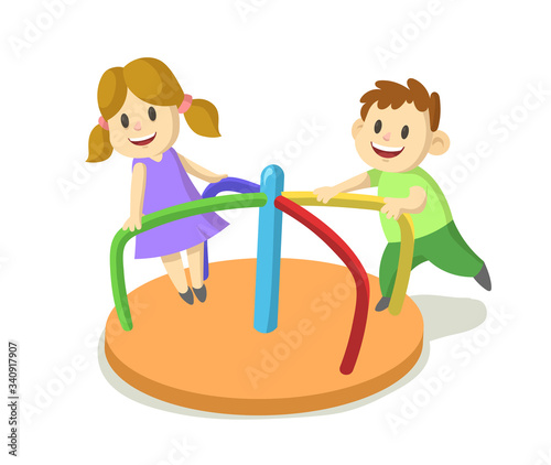 Happy smiling boy and girl playing on rotating roundabout carousel at the playground. Childhood, happiness, games. Cartoon flat vector illustration, isolated on white background.
