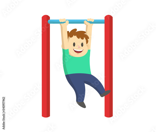 Boy training on horizontal bar. Pull up kid street workout, child fitness. Cartoon flat vector illustration, isolated on white background.