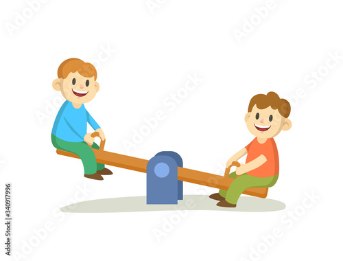 Two smiling boys on a seesaw. Cartoon flat vector illustration, isolated on white background.