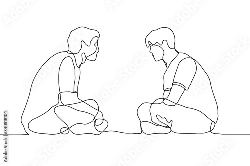 Two men are sitting opposite each other in Turkish (pose Sukhasana, squat cross legged) their backs are bent, they leaned forward towards each other. One continuous line drawing profile of two friends