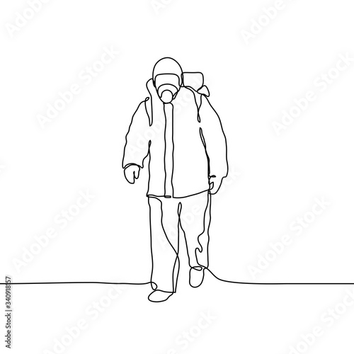 Man wearing protective suits disinfecting space with spray chemicals to prevent the spreading of the coronavirus. One continuous black line art on white background. It can be used for animation.