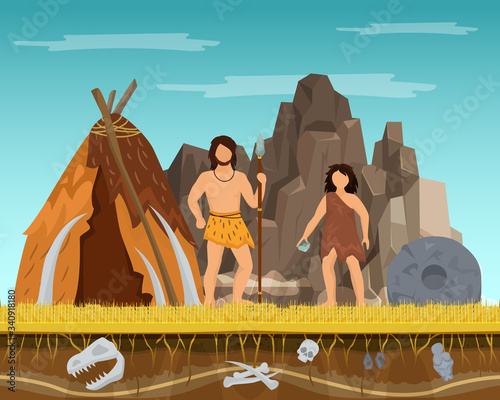 Prehistoric couple woman and man staying ancient tent, past ages time character male female flat vector illustration. Tribe life wildlife outdoor nature man with spear defence tabernacle.