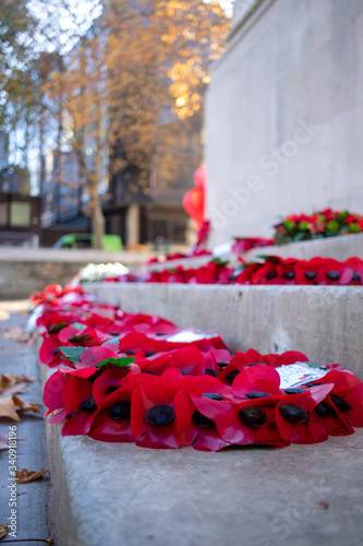 Red poppy wreaths laid around a war memorial for remembrance day