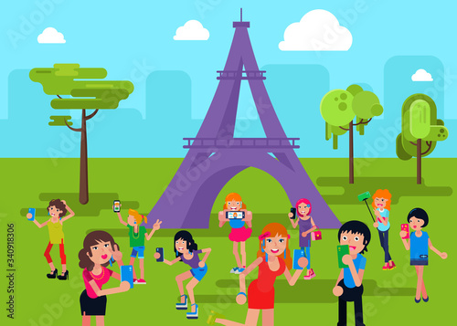 Character take selfie eiffel tower, modern social network flat vector illustration. Travel recreation paris city, european country tourist attractions. Journey visitor elysian field.