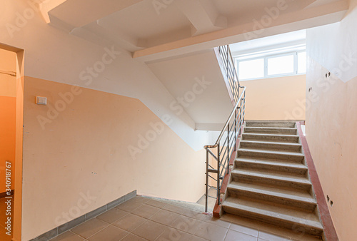 Russia, Moscow- January 15, 2020: interior room public place, house entrance. doors, walls, corridors staircase