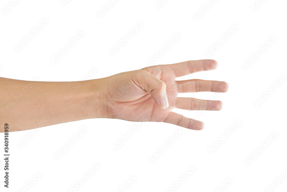 Hand showing four fingers isolated on white background. Object with clipping path.
