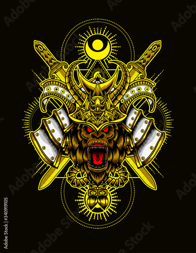 Vector illustration gorilla head angry face with samurai helmet on black background.