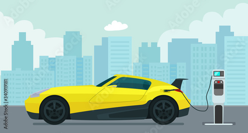 Fototapeta Naklejka Na Ścianę i Meble -  Electric sport coupe car is charging against the background of an abstract cityscape. Vector flat style illustration.