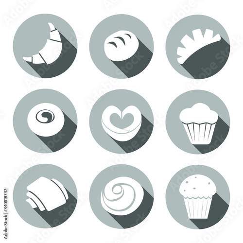 Set of bakery icons. Pie, waffle, cake, cupcake, pikelet,  muffin,  bagel photo