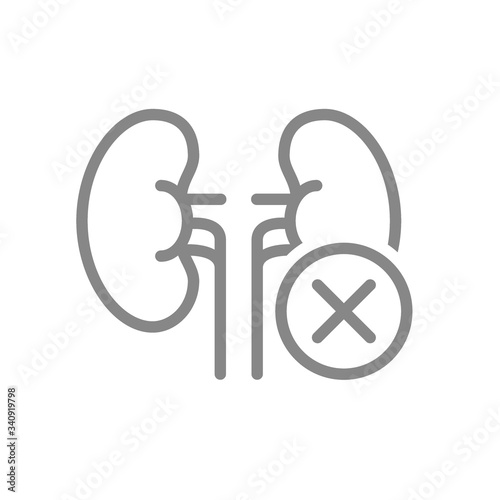 Kidneys with cross checkmark line icon. Diseased internal organ symbol