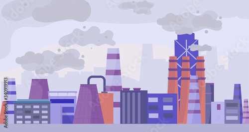 Industrial polluted city, urban scapes concept flat vector illustration. Factory area and plant, pollution of environment, damage to ecological surroundings, not eco friendly factory.