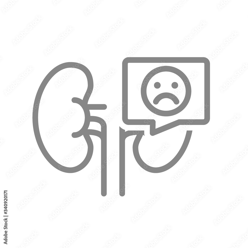 Kidneys with sad face in speech bubble line icon. Diseased organ for filtering blood symbol
