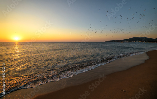 Fototapeta Naklejka Na Ścianę i Meble -  Sunset on the sea coast.In the background, a flock of gulls flies.