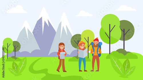 Outdoor travel mountain traveler, activity character rest natural park flat vector illustration. National forest recreation, people male female walk alpine ridge. Freedom family trip country.
