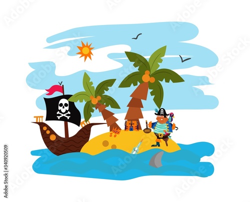 Pirate, parrot deserted island, raider boat with sea character bandit flag, isolated on white, flat vector illustration. Island treasure chest, palm tree, tropical beach and ocean, sea.
