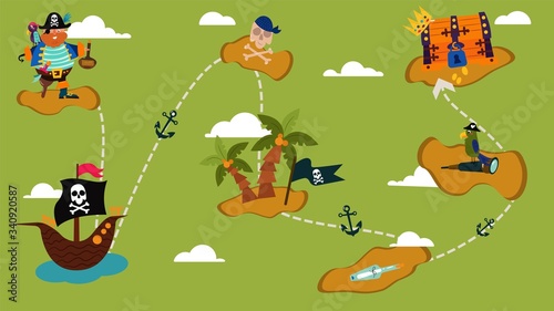 Pirate treasure map, boat way jewel hunt flat vector illustration. Icon concept raider ship character male and secret island. Search hidden place gold, adventure dangerous ocean travel time.