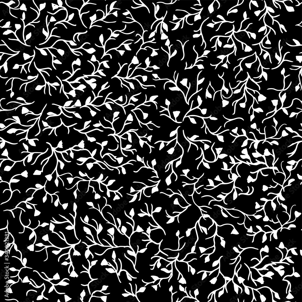 Black and white seamless and poppy flowers pattern design on the black background