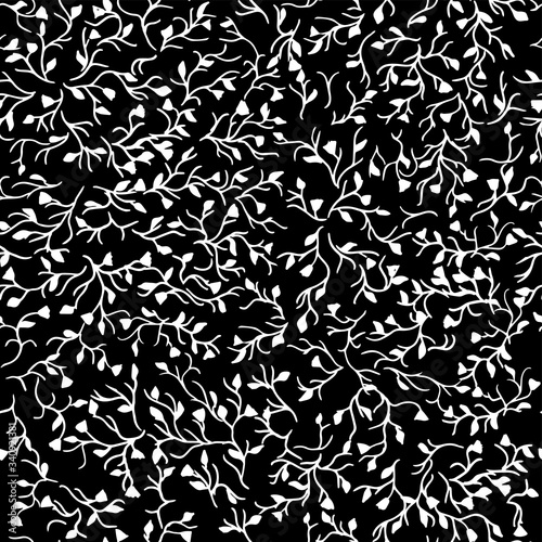 Black and white seamless and poppy flowers pattern design on the black background