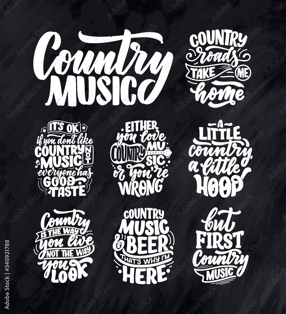 Set with Country Music lettering quotes for festival live event poster Concept. Textured Illustration. Funny slogans for cowboy print design.