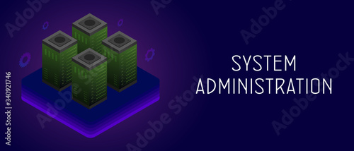 System administrators or IT sysadmin horizontal banner with server racks. Database services and system administration processes, configuration of computer systems and upkeeping networks concept