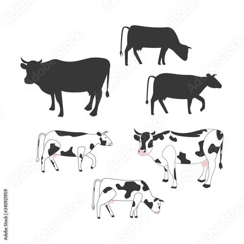 Cow collection silhouette. Cow isolated eating grass set of vector elements.