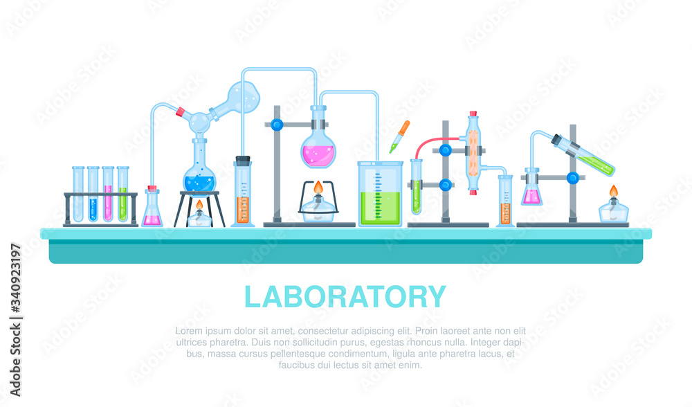 Chemistry lab and science equipment theme. Test glass flasks with liquids in laboratory. Chemistry lab and science equipment theme. Test glass flasks with liquids in laboratory.