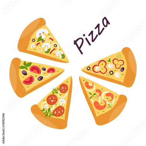 Tifferent types of pizza in slices. Margherita and pepperoni, vegetarian
