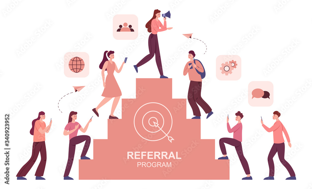Referral program concept. Idea of referring friends to raise a profit.