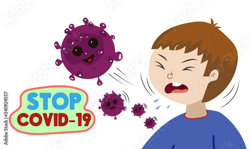 Syndrome coronavirus boy coughing. Stop coronavirus. Coronavirus outbreak vector illustratin. Pandemic medical concept with dangerous cells.
